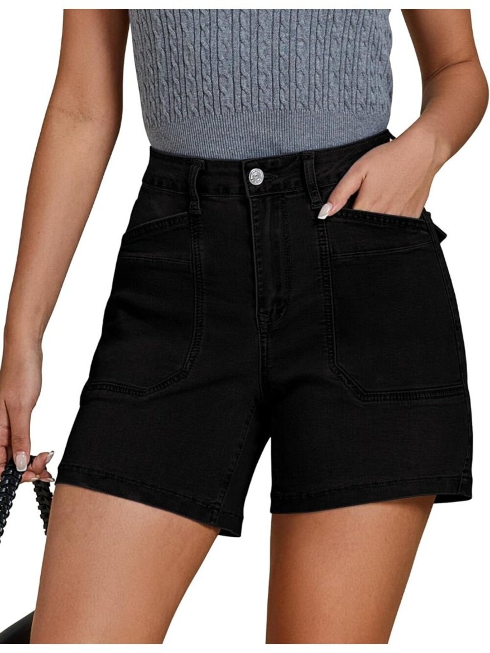 Women's Black Trendy Mid Rise Summer Jorts Stretchy Denim Shorts with Pockects